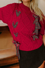 Load image into Gallery viewer, Red Plaid Lace-Up Puff Sleeve Sweater