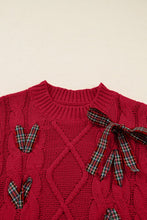Load image into Gallery viewer, Red Plaid Lace-Up Puff Sleeve Sweater
