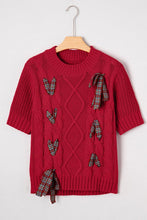 Load image into Gallery viewer, Red Plaid Lace-Up Puff Sleeve Sweater
