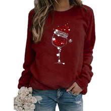 Load image into Gallery viewer, Clothing Christmas Women's Sweater Christmas Hat Red Wine Glass Graphic Print Crew Neck Long-sleeved Sweater

